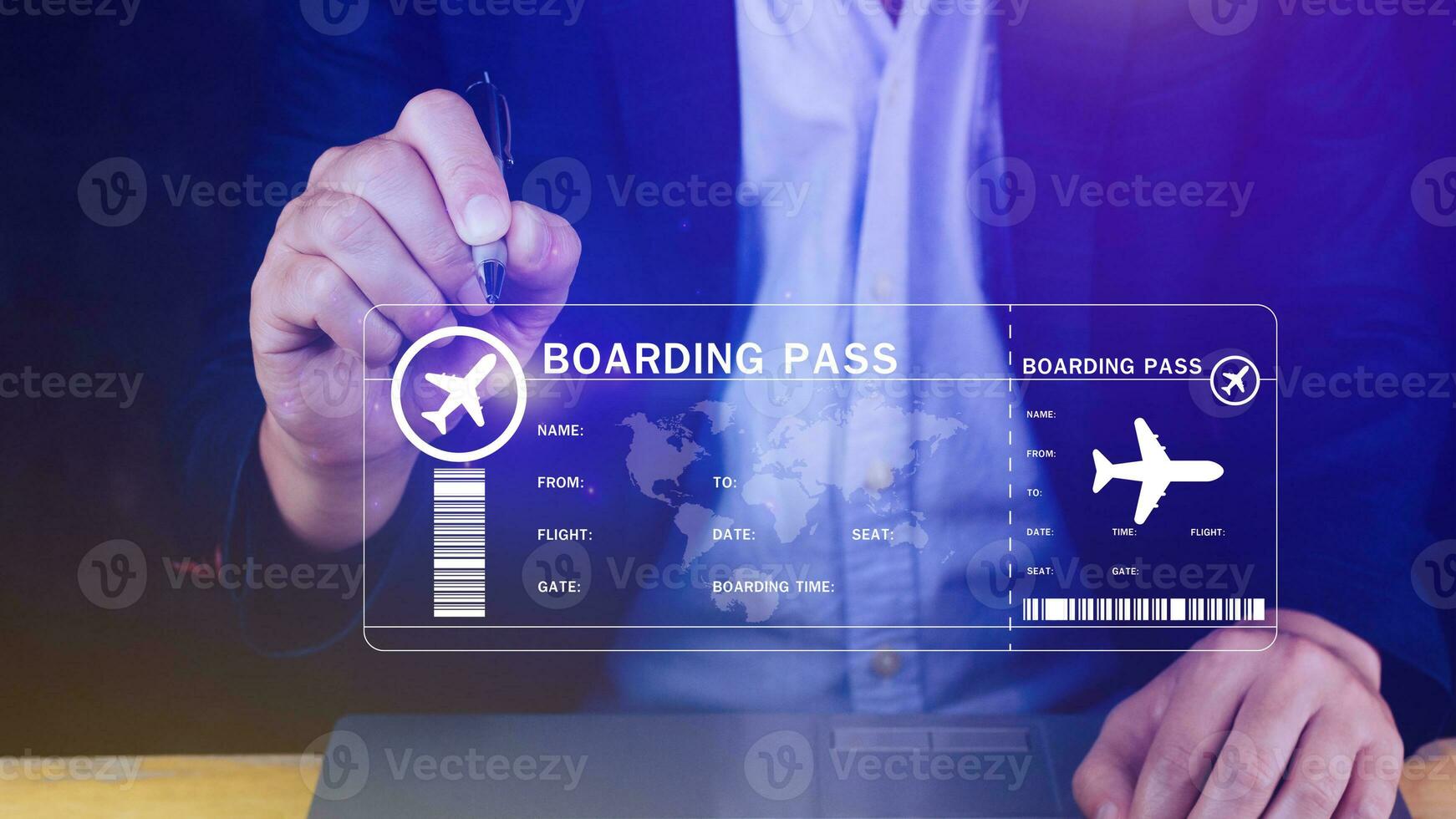 Businessman touching with boarding pass tickets air travel concept, Choosing checking electronic flight ticket, Booking ticket Online flight travel concept photo