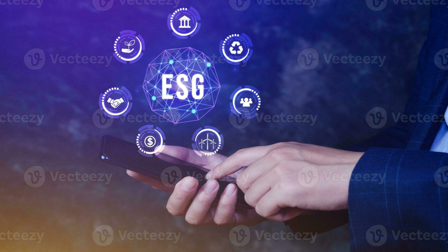 ESG icon concept use a smartphone to analyze ESG for environmental, social and governance in sustainable and ethical business on the Network connection, businessman pressing button on screen. photo