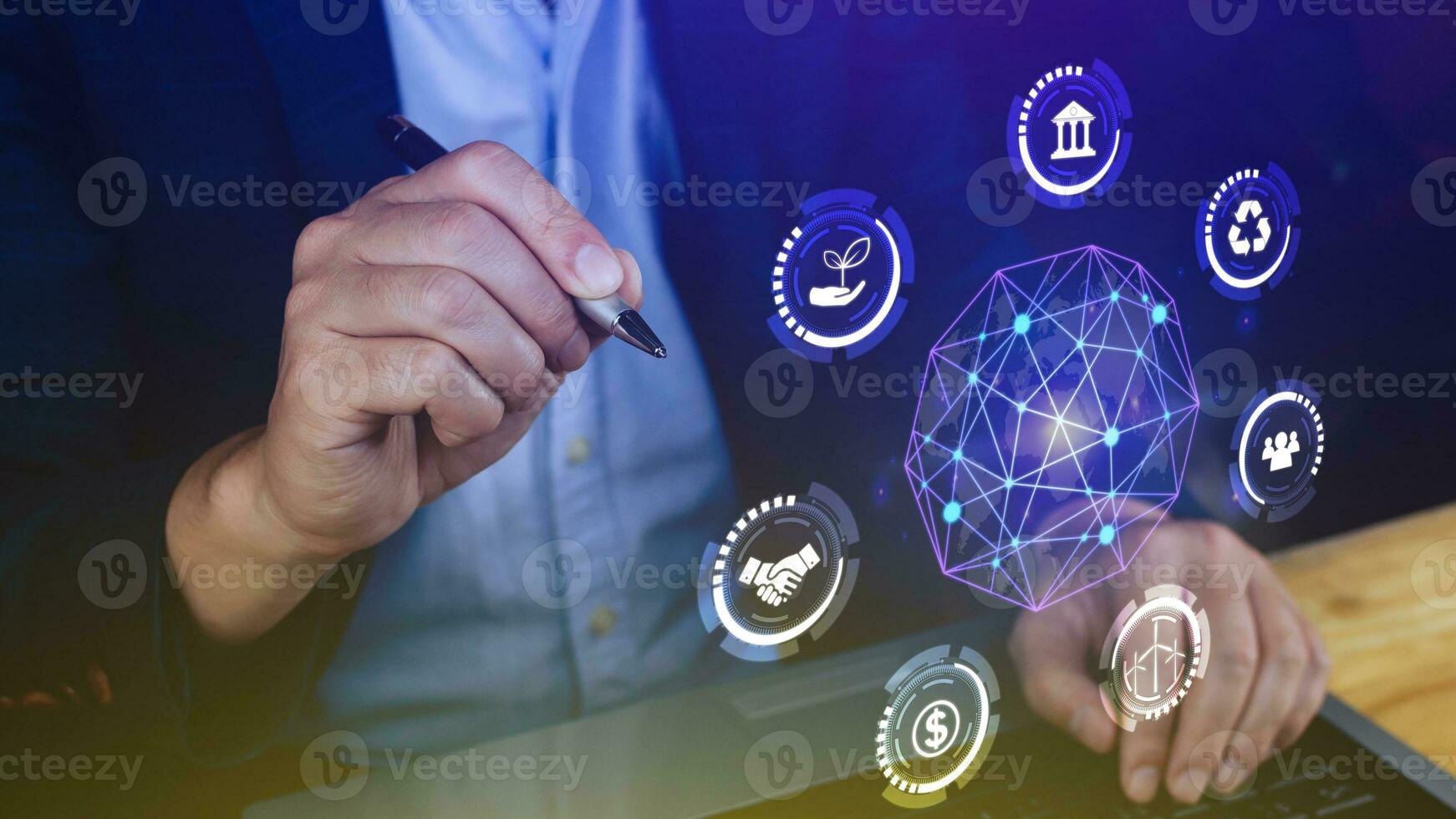 ESG icon concept use a computer to analyze ESG for environmental, social and governance in sustainable and ethical business on the Network connection, businessman pressing button on screen. photo