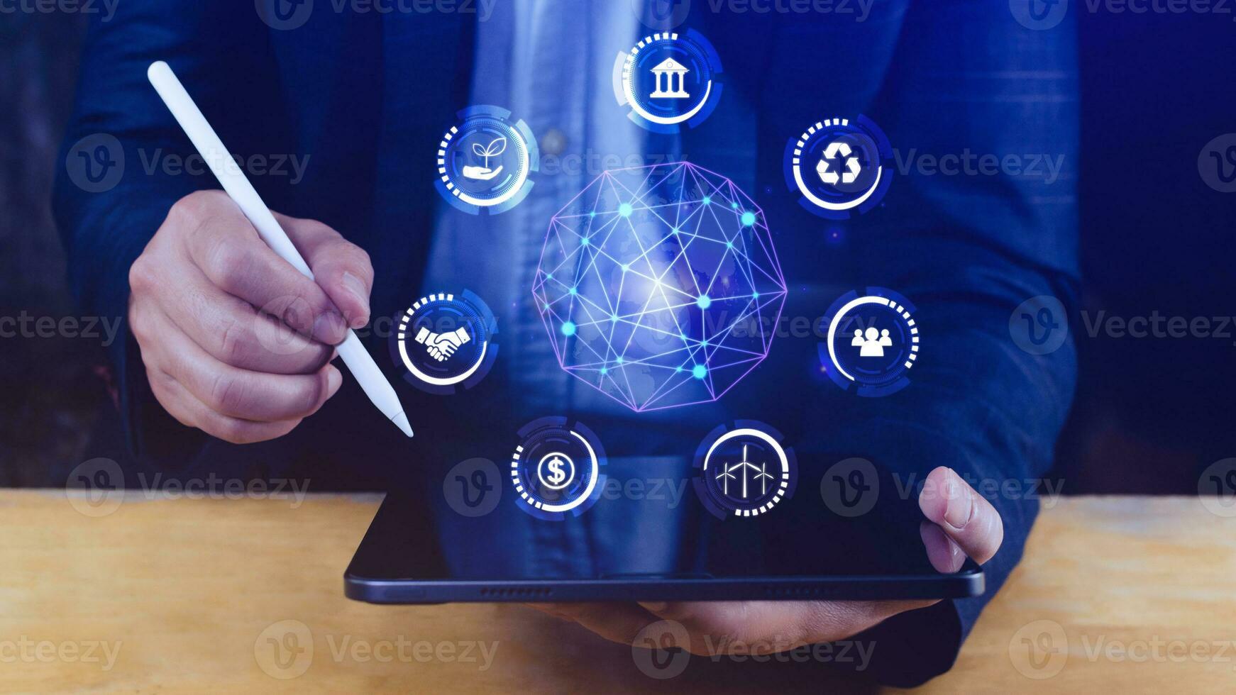 ESG icon concept use a laptop to analyze ESG for environmental, social and governance in sustainable and ethical business on the Network connection, businessman pressing button on screen. photo