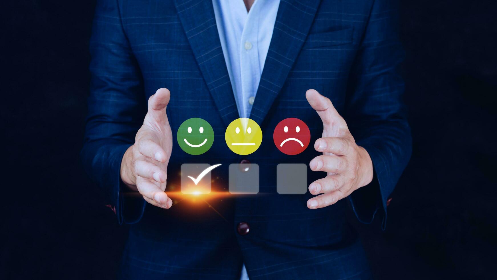 Businessman choosing happy smile face icon. feedback rating and positive customer review experience, satisfaction survey. mental health assessment. World mental health day concept photo