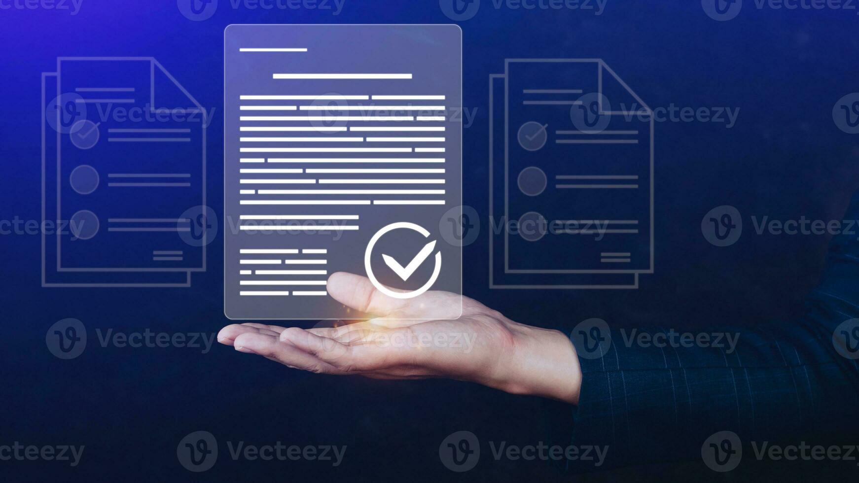 Paperless workplace idea, e-signing, electronic signature, document management system DMS. Businessman signs an electronic document on a digital document on a virtual screen. photo