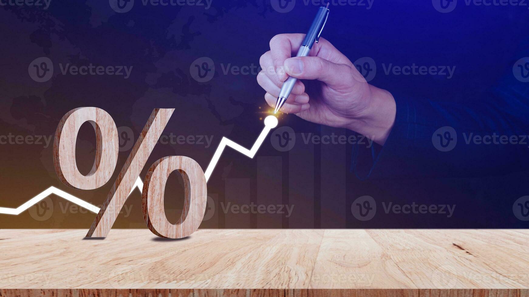 Close-up of percent sign leaning on wooden table, Percentage Sign And Discount Rate. Accountant VAT Tax Concept. photo