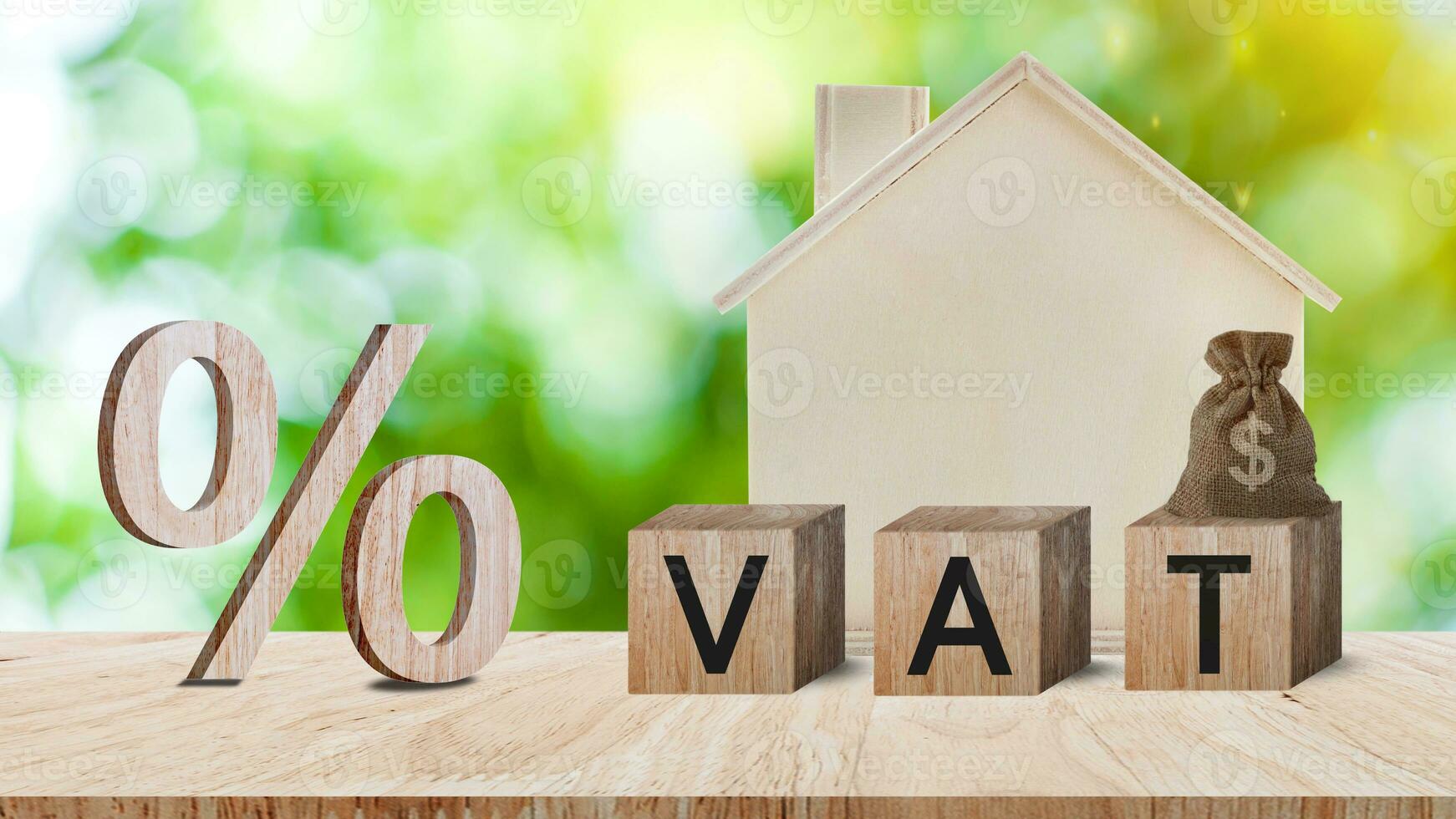 Close-up of percent sign leaning on wooden table, Percentage Sign And Discount Rate. Accountant VAT Tax Concept. photo