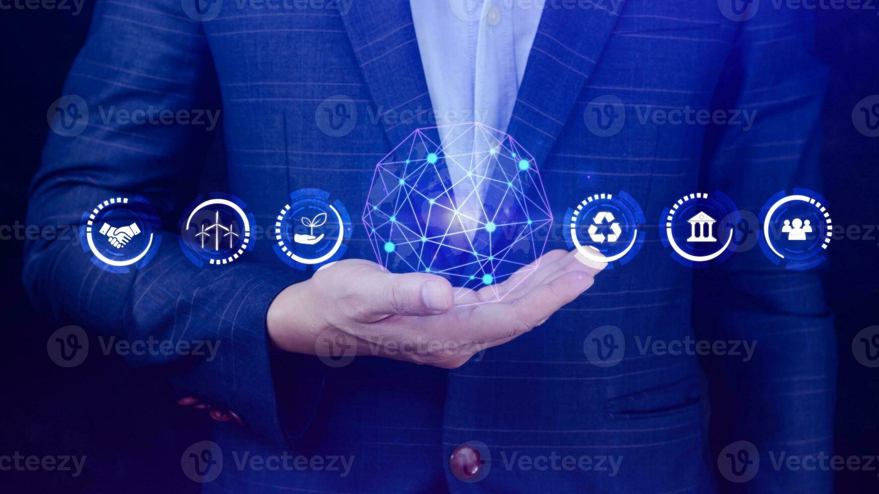ESG icon concept in the hand for environmental, social and governance in sustainable and ethical business on the Network connection, businessman pressing button on screen. photo