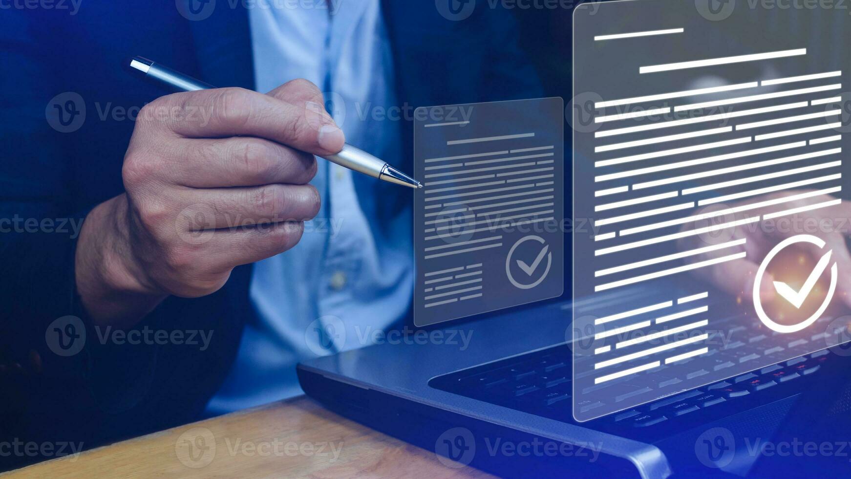 Paperless workplace idea, esigning, electronic signature, document management system DMS. Businessman signs an electronic document on digital document on a virtual screen. photo