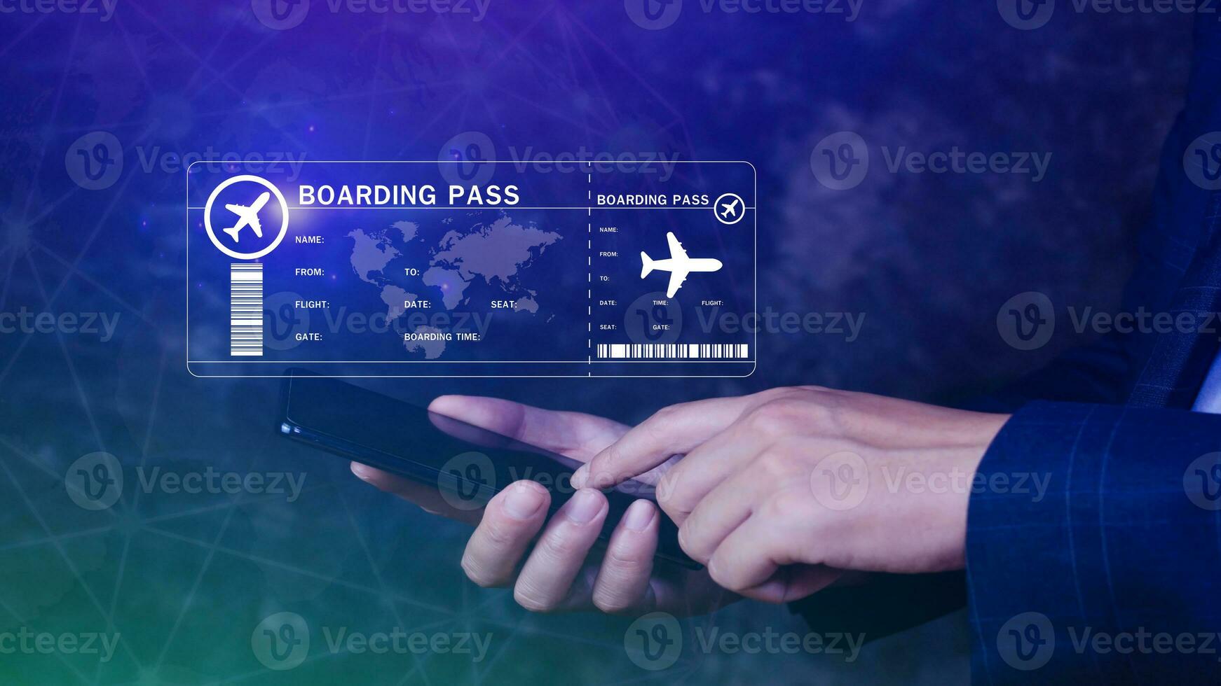 Businessman holding smart phone with boarding pass tickets air travel concept, Choosing checking electronic flight ticket, Booking ticket Online flight travel concept photo