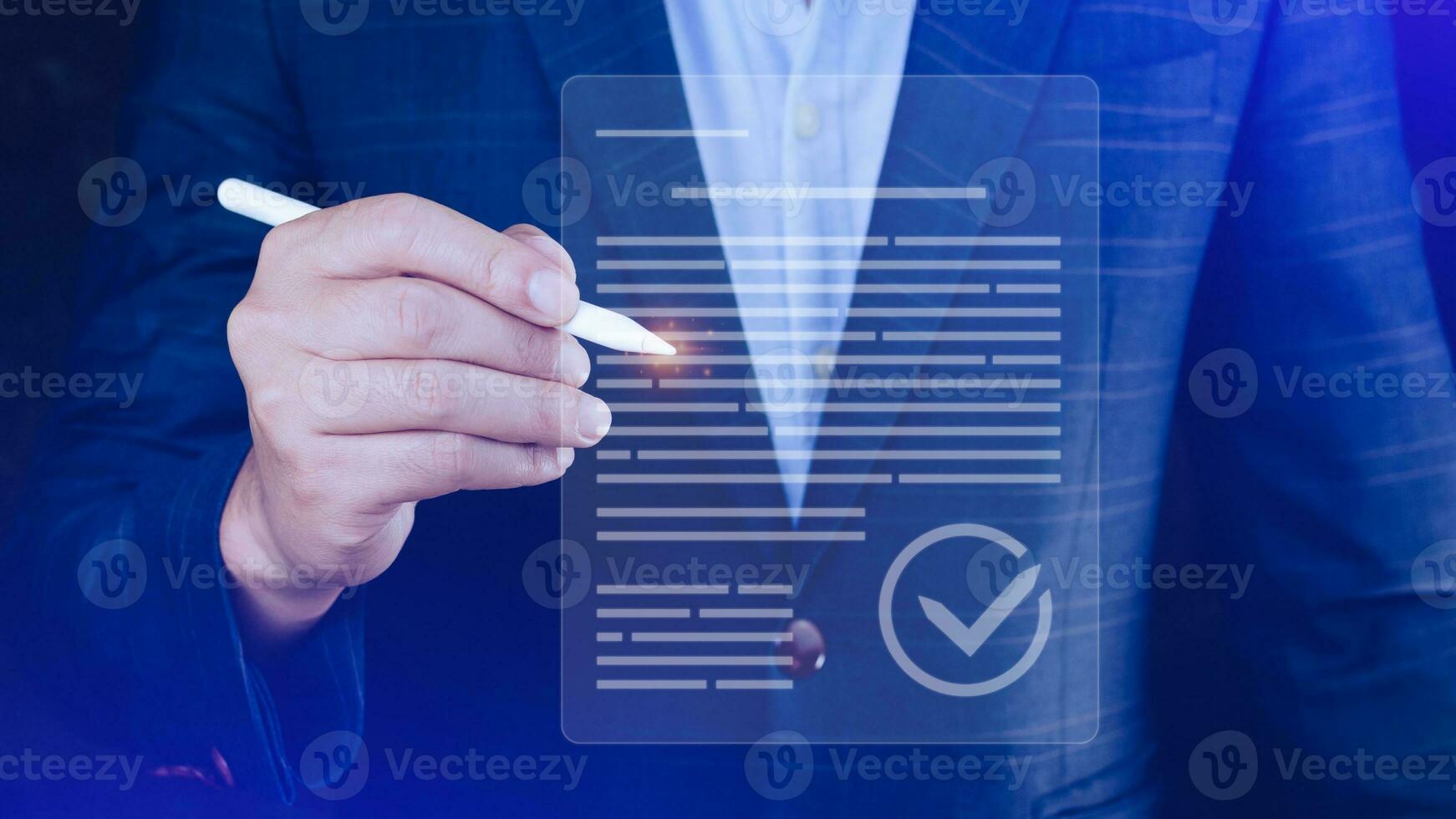 Paperless workplace idea, e-signing, electronic signature, document management system DMS. Businessman signs an electronic document on a digital document on a virtual screen. photo