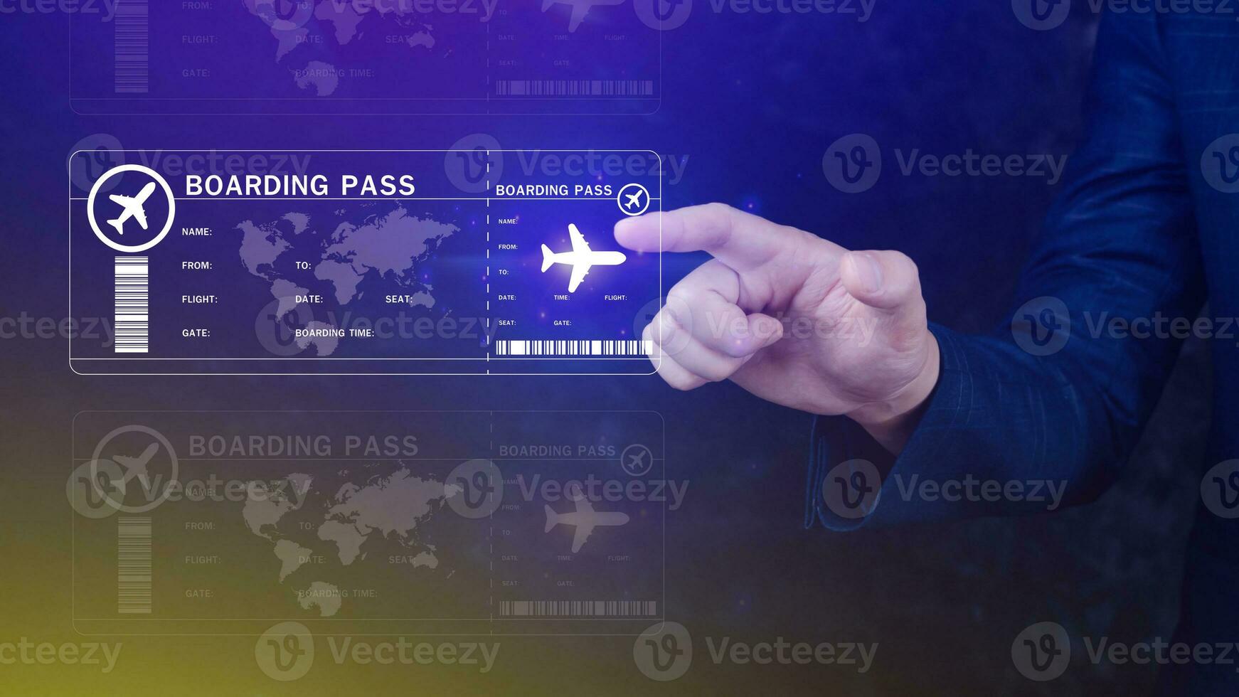 Businessman touching with boarding pass tickets air travel concept, Choosing checking electronic flight ticket, Booking ticket Online flight travel concept photo