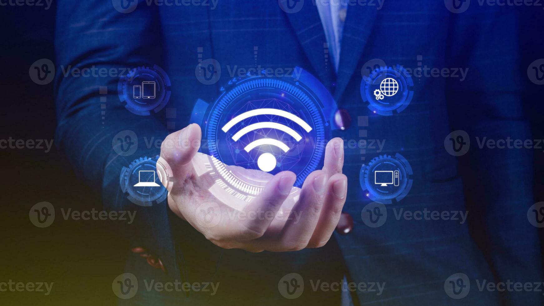 Businessman using holding with wifi icon. Social network business communication concept, Wifi wireless concept free network Internet concept. photo