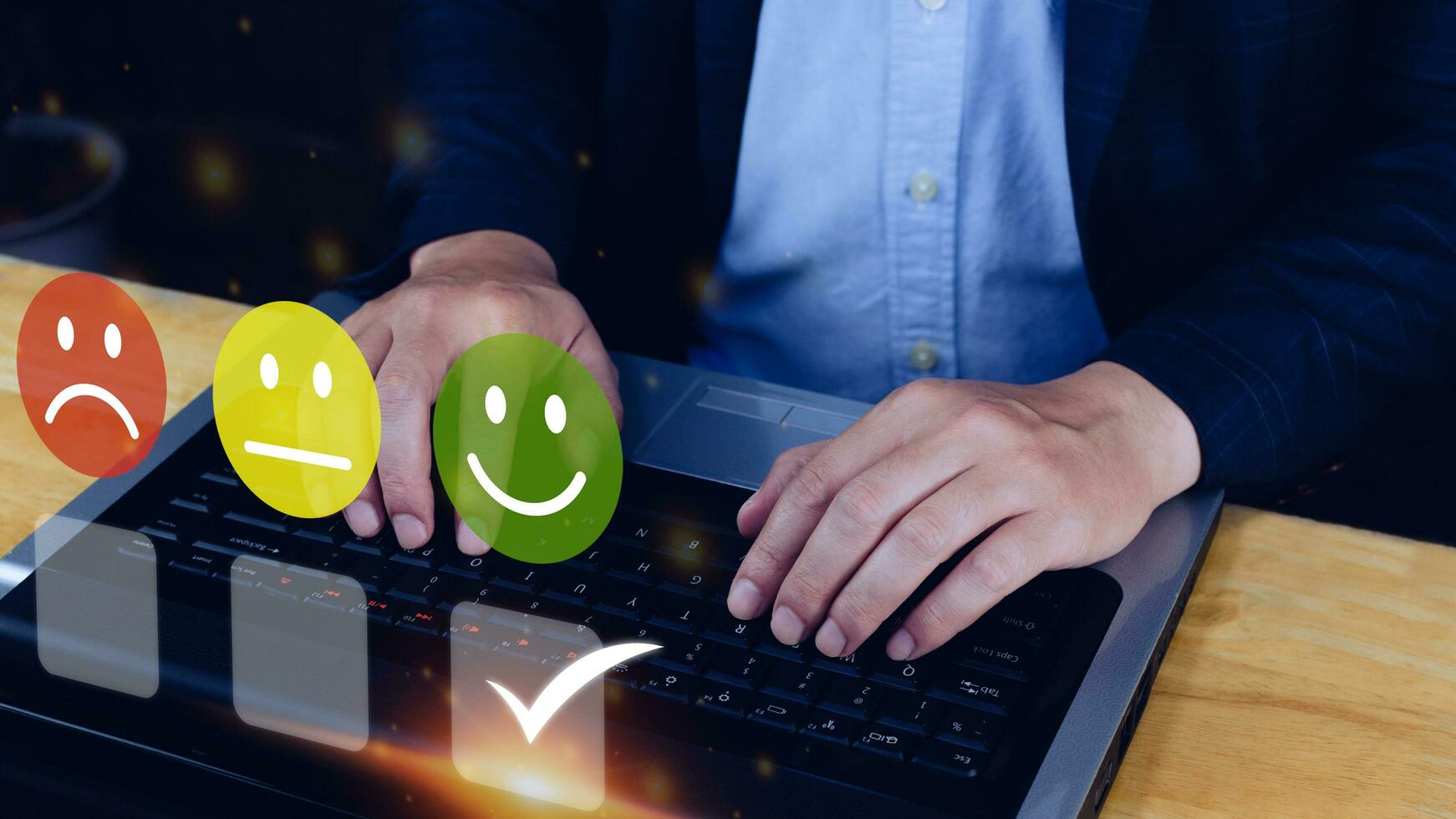 Businessman choosing happy smile face icon. feedback rating and positive customer review experience, satisfaction survey. mental health assessment. World mental health day concept photo