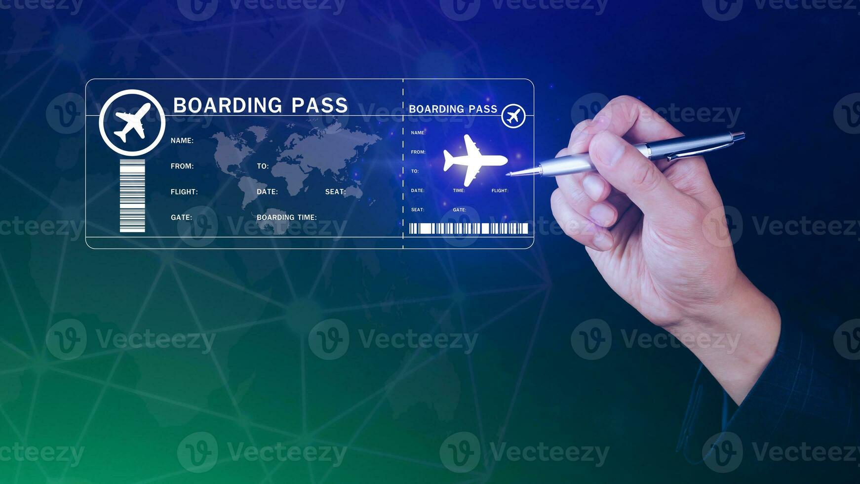 Businessman touching with boarding pass tickets air travel concept, Choosing checking electronic flight ticket, Booking ticket Online flight travel concept photo