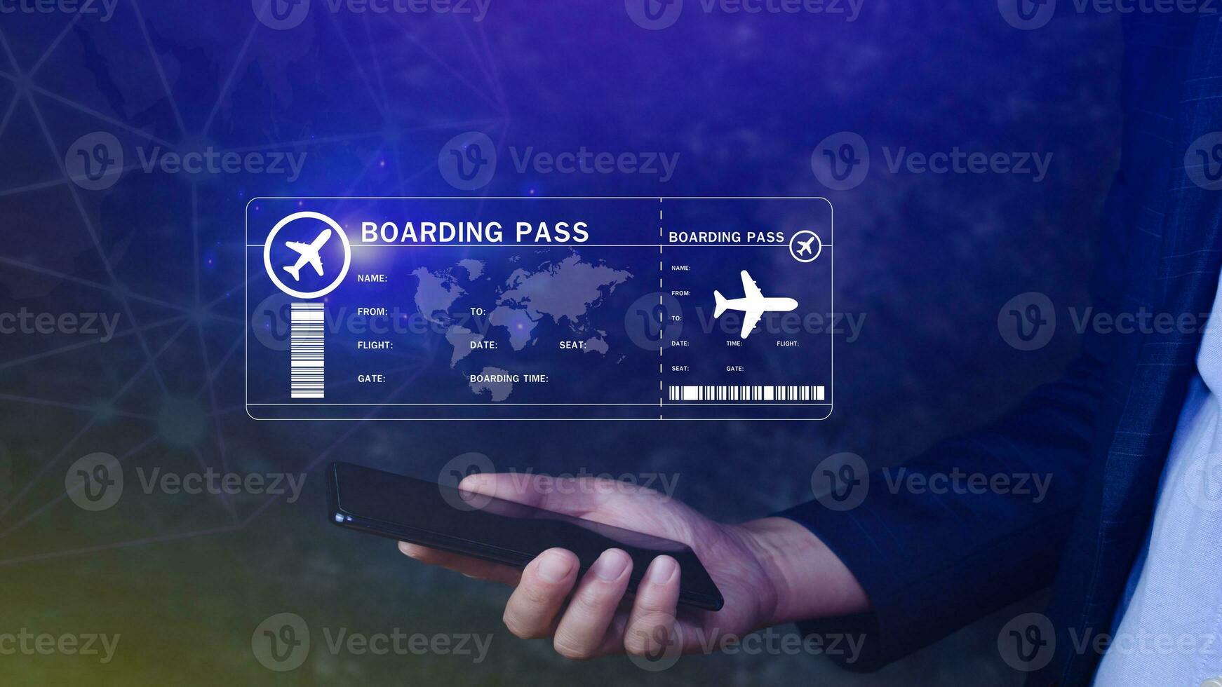 Businessman holding smart phone with boarding pass tickets air travel concept, Choosing checking electronic flight ticket, Booking ticket Online flight travel concept photo