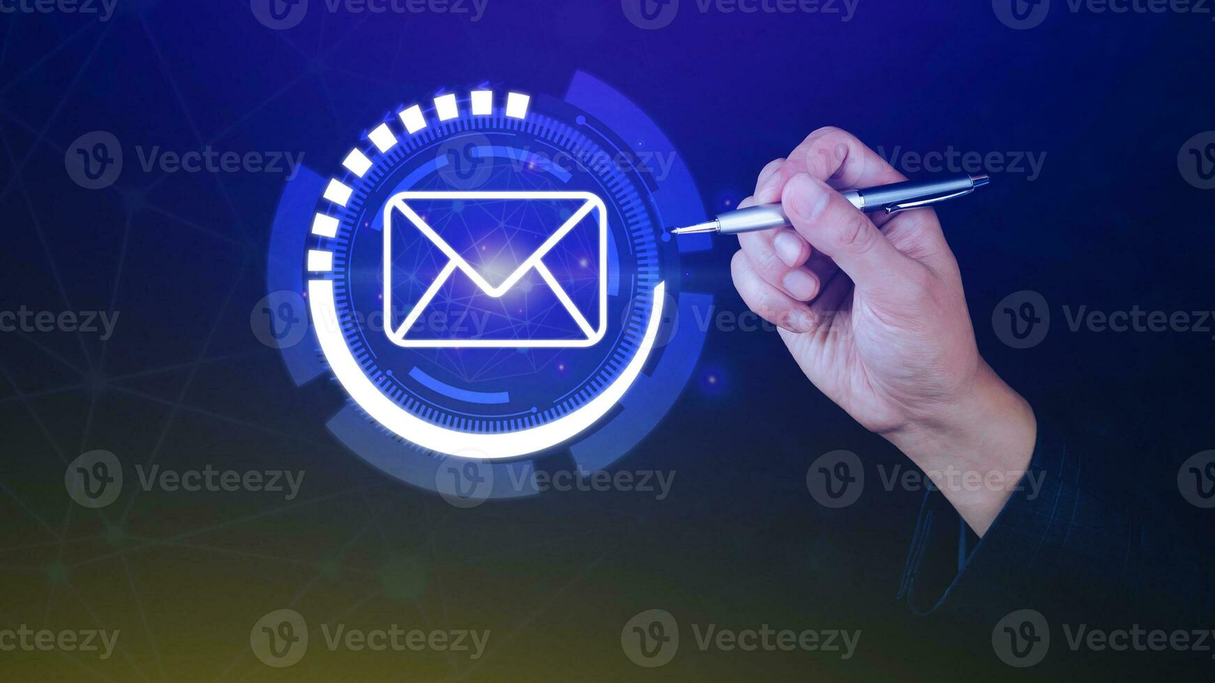 Businessman touching checking email online icon with virtual interface technology. Direct marketing, online message, E-mail, electronic mail, communication concept. photo