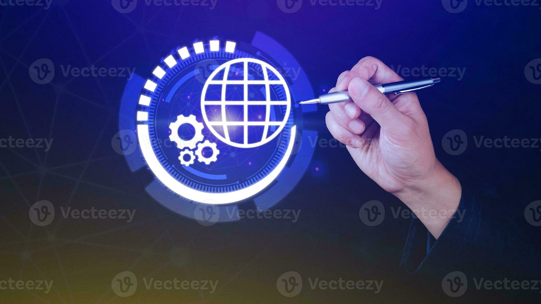 Businessman touching Global network connection, Big data analytics and business intelligence concept, World map point and line composition concept of global business, Digital link tech photo