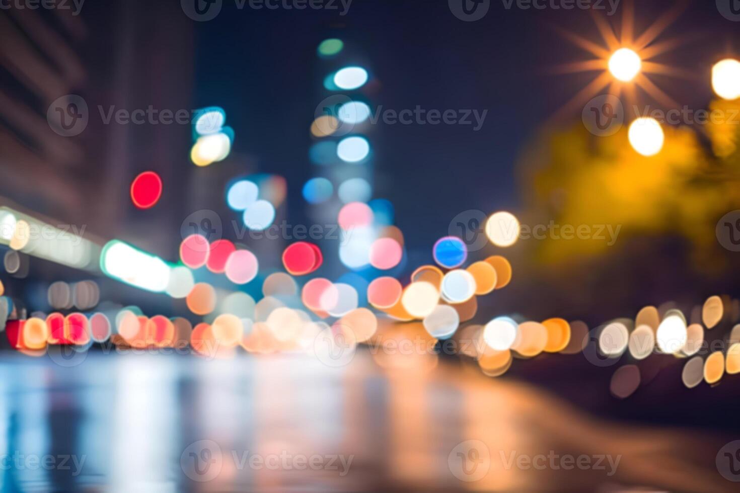 Blur or bokeh abstract lot of lighting at night city landscape background. Out of focus dreamy in the middle of the street at the road surface busy night life. photo