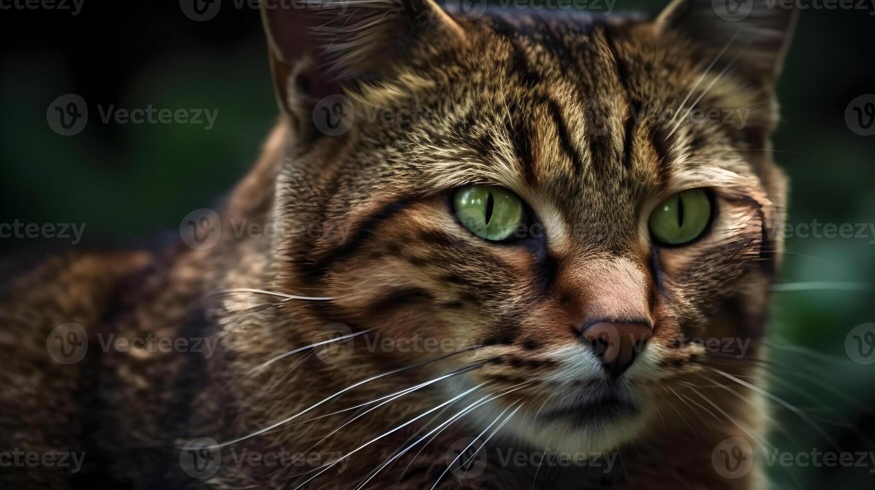 un retrato de gris raya Doméstico mascota casa gato con verde ojos y en Guardia cara curioso a alguna cosa difuminar antecedentes. ai generado foto