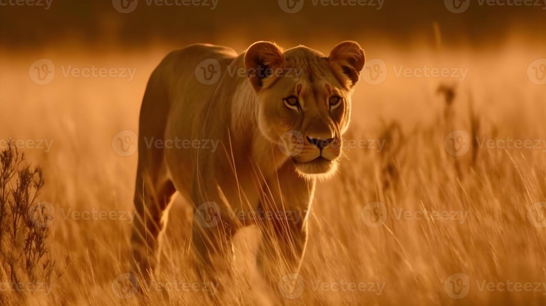 cerca arriba retrato feroz carnívoro hembra león, caminando mirar fijamente o mirando Derecho adelante a el sabana Desierto antecedentes. ai generado foto