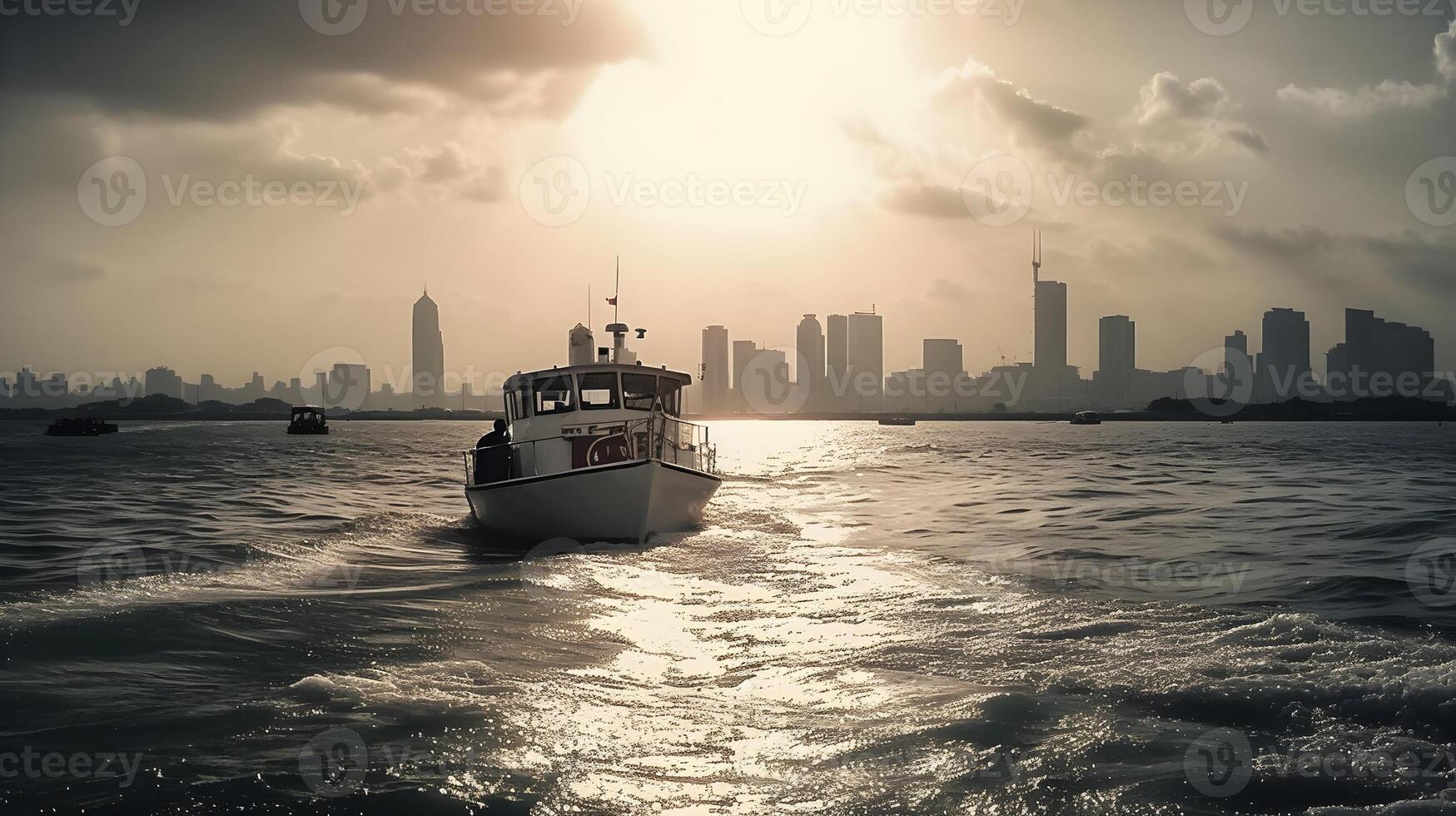 Landscape of beautiful cityscape with morning skyline view from the ocean, small ship transportation. AI Generated photo