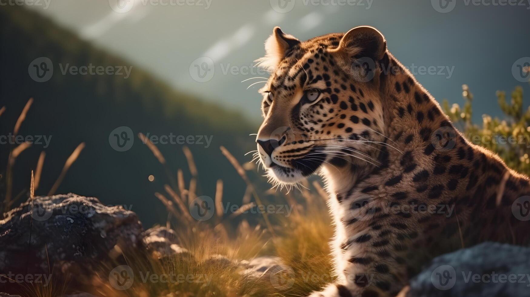 Close up portrait from side face ferocious carnivore leopard, stare or looking straight forward at mountain background. photo