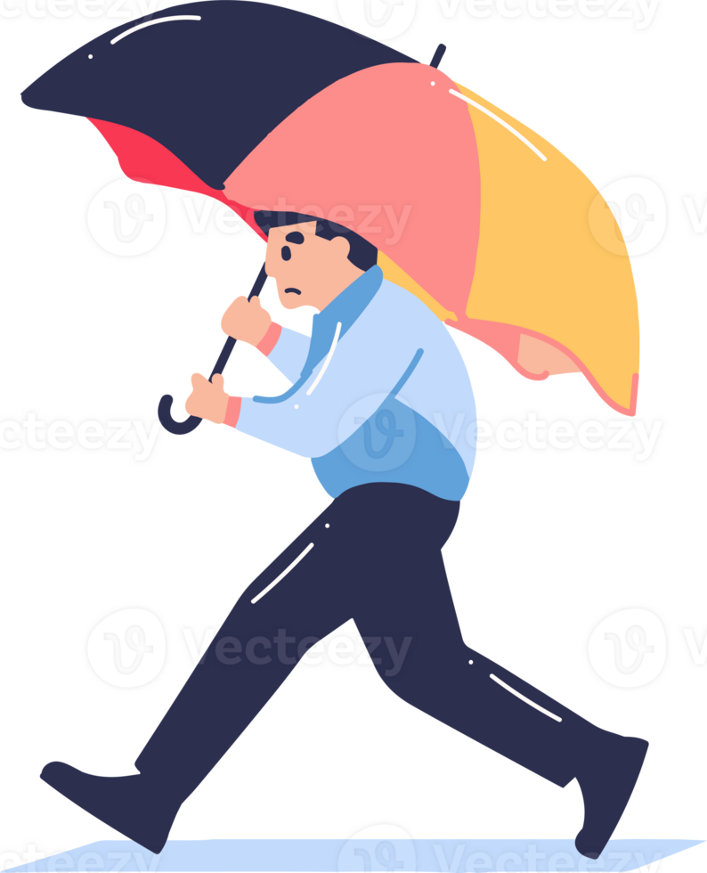 Hand Drawn young man walking with umbrella in flat style png