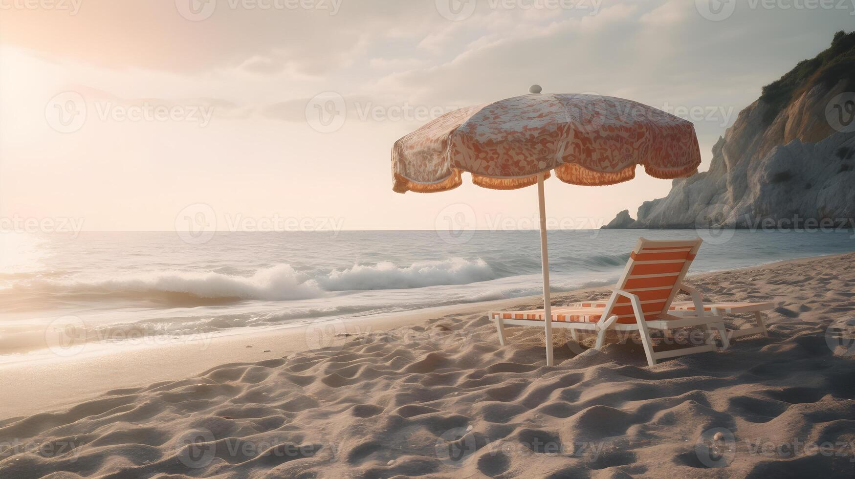 A beautiful tropical sandy beach with evening golden hour sunset glaring, and some umbrella chair beach, mountain cliff at the background, good for background and backdrops. Summer beach. photo
