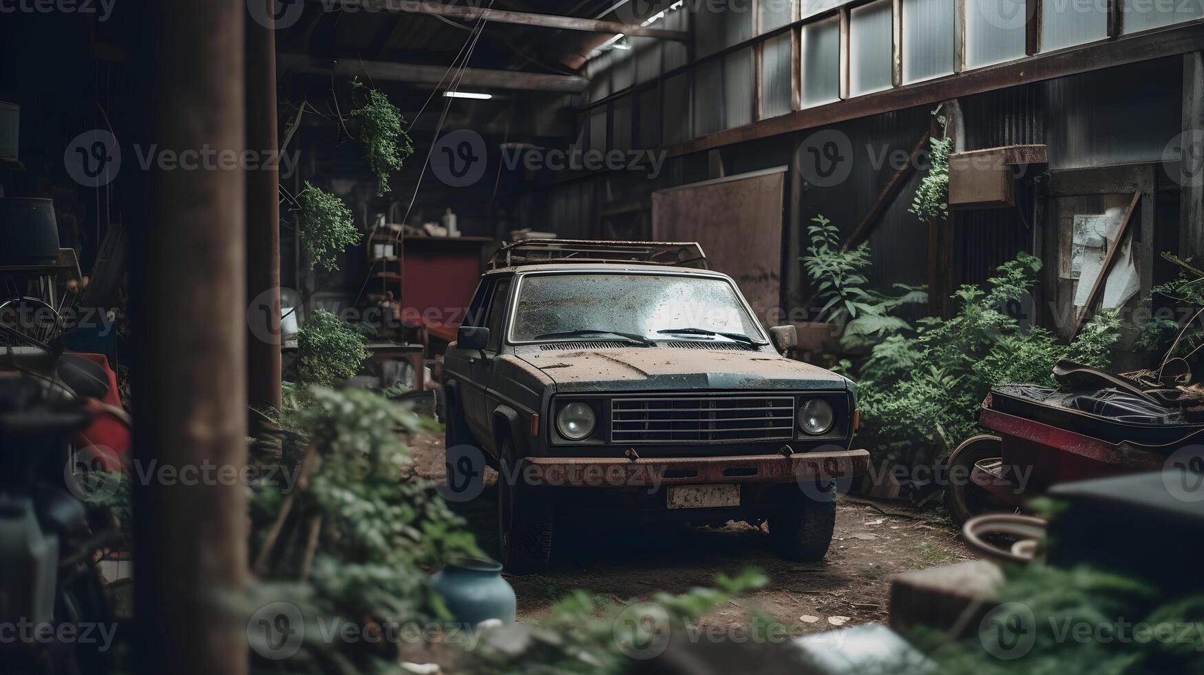 An old rusty abandoned classic car in a old shed overgrown with weeds and vines. AI Generated photo