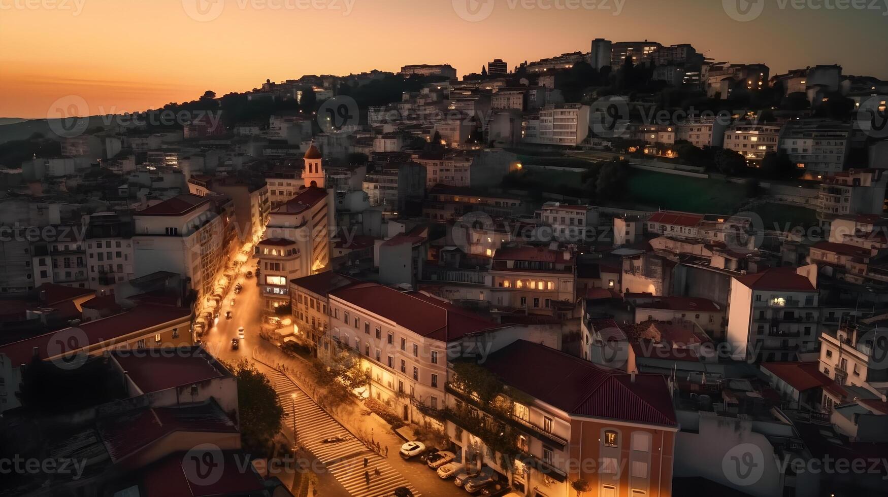 Nighttime Cityscape Illuminated Residential District in the Evening Sky. AI Generated photo