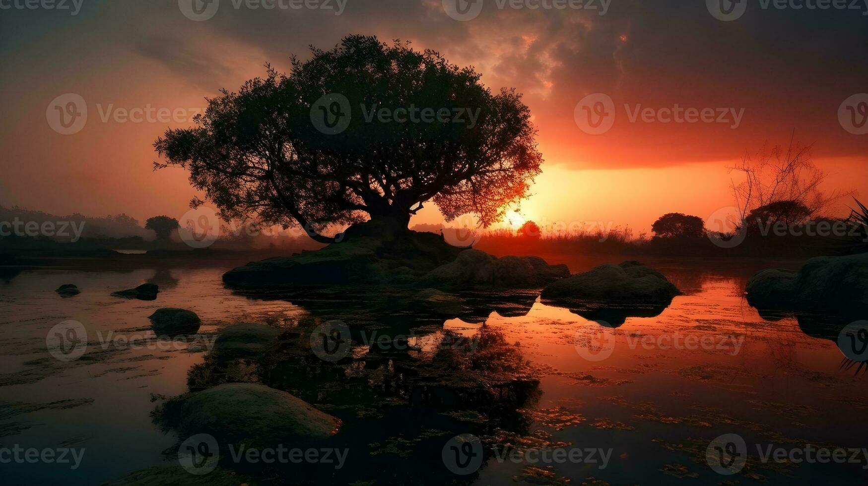 un silueta de un árbol en el noche puesta de sol en el centrar de el lago. ai generado foto