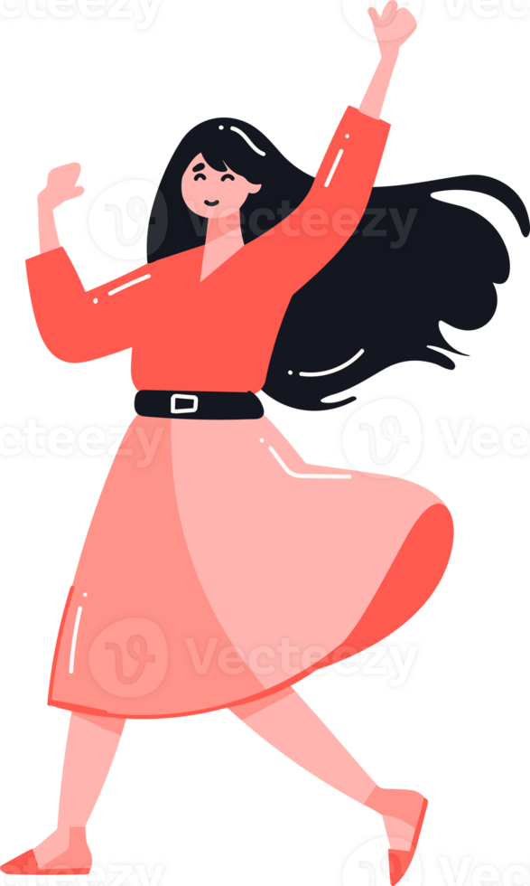 Hand Drawn happy woman dancing in flat style png