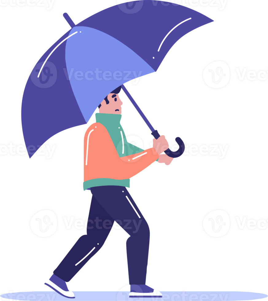 Hand Drawn young man walking with umbrella in flat style png