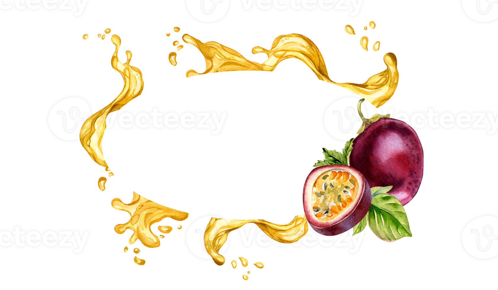 Frame of tropical fruits and juice splash watercolor illustration. Piece of maracuya hand drawn. Design for packaging, menu, recipe, smothies, ice-cream, label, tableware. png
