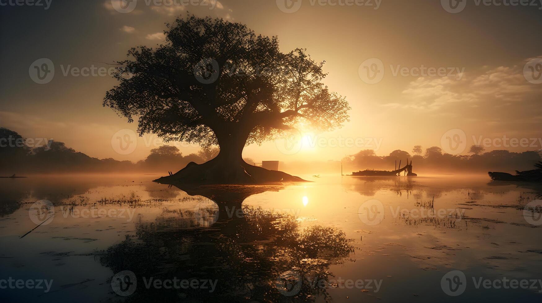 panorama silueta árbol en el medio de un lago con dorado hora atardecer, reflexión en el agua. ai generado foto