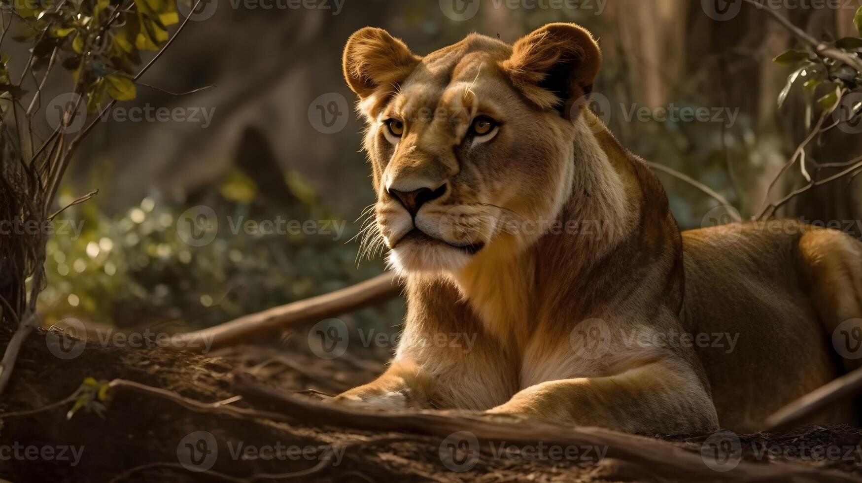 Close up portrait from side face ferocious carnivore female lion sit and rest, stare or looking straight forward at the savannah desert background. photo