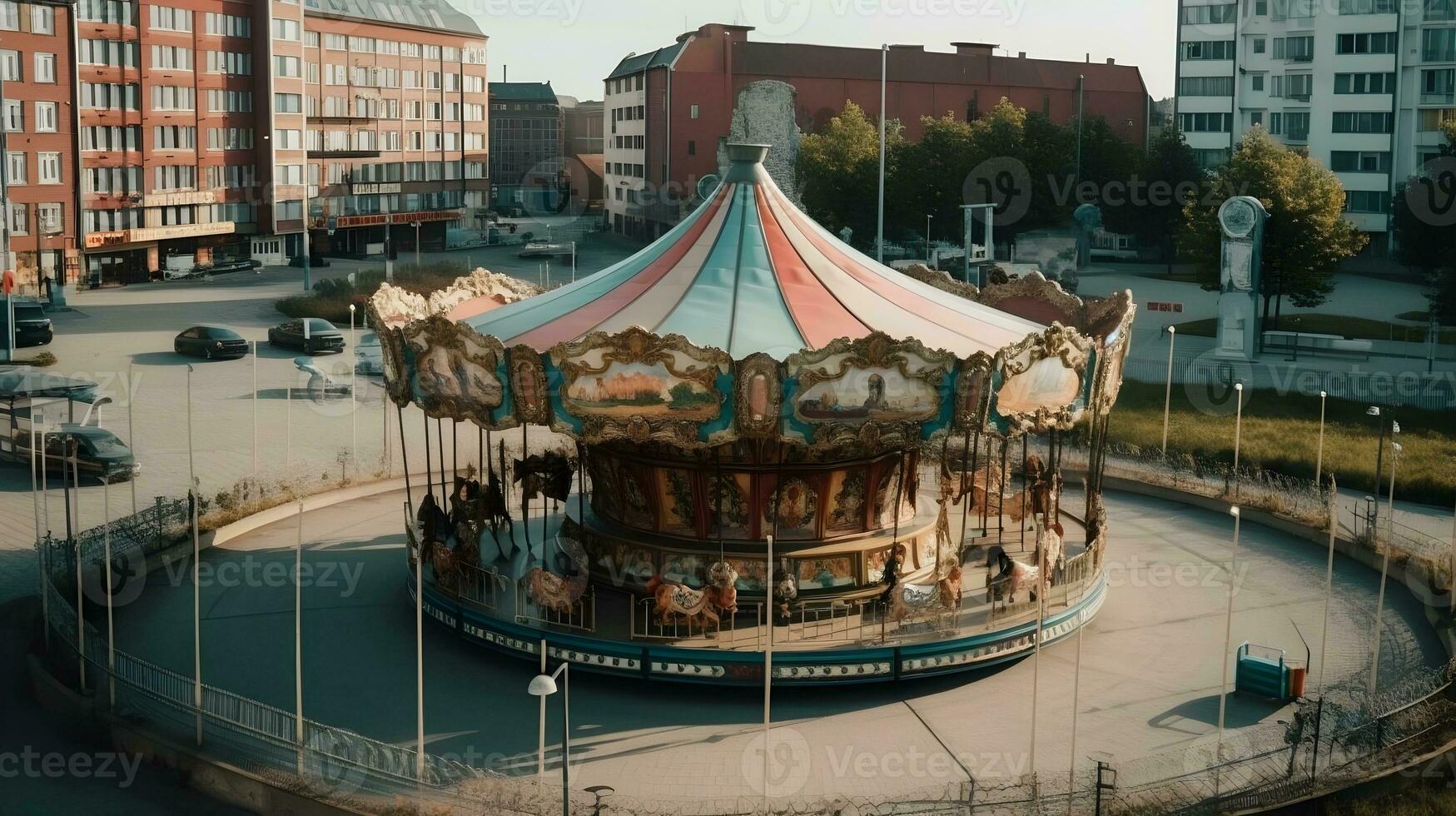 carrusel paseo en el medio de el ciudad. ai generado foto