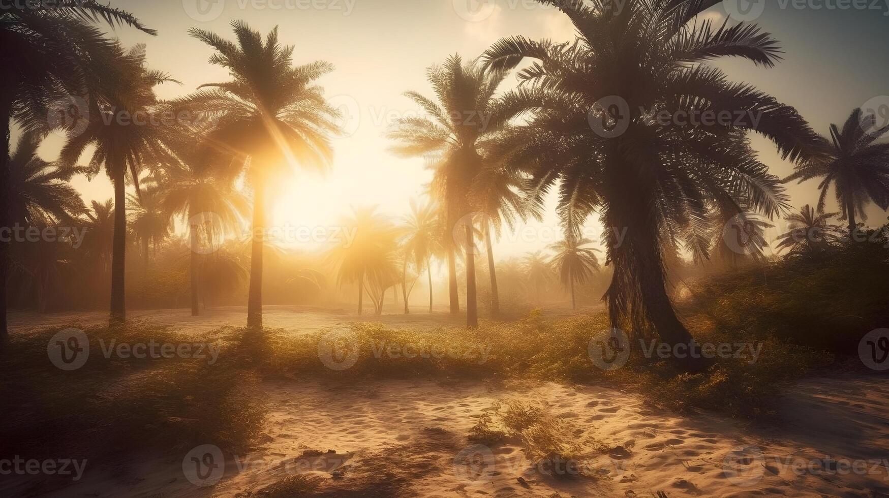 Misty morning landscape with palm tree, sunbeam, and tranquil scene in nature. photo