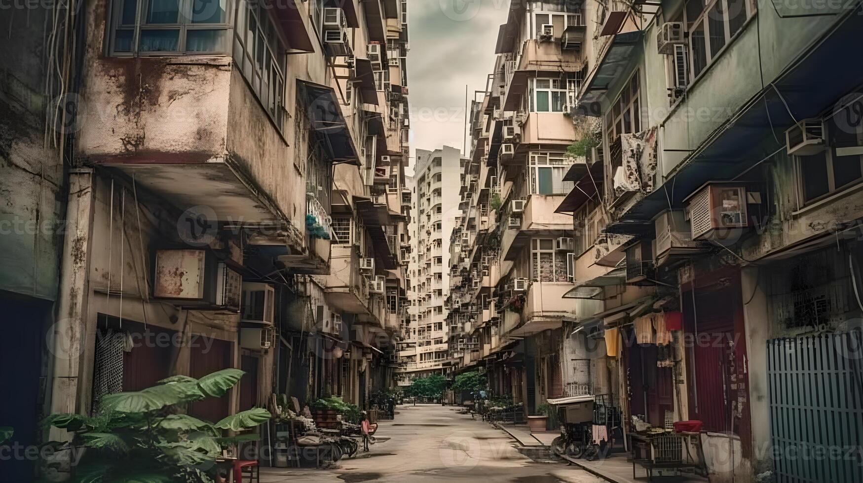 Urban neighborhood street with cityscape and full of residential buildings. AI Generated photo