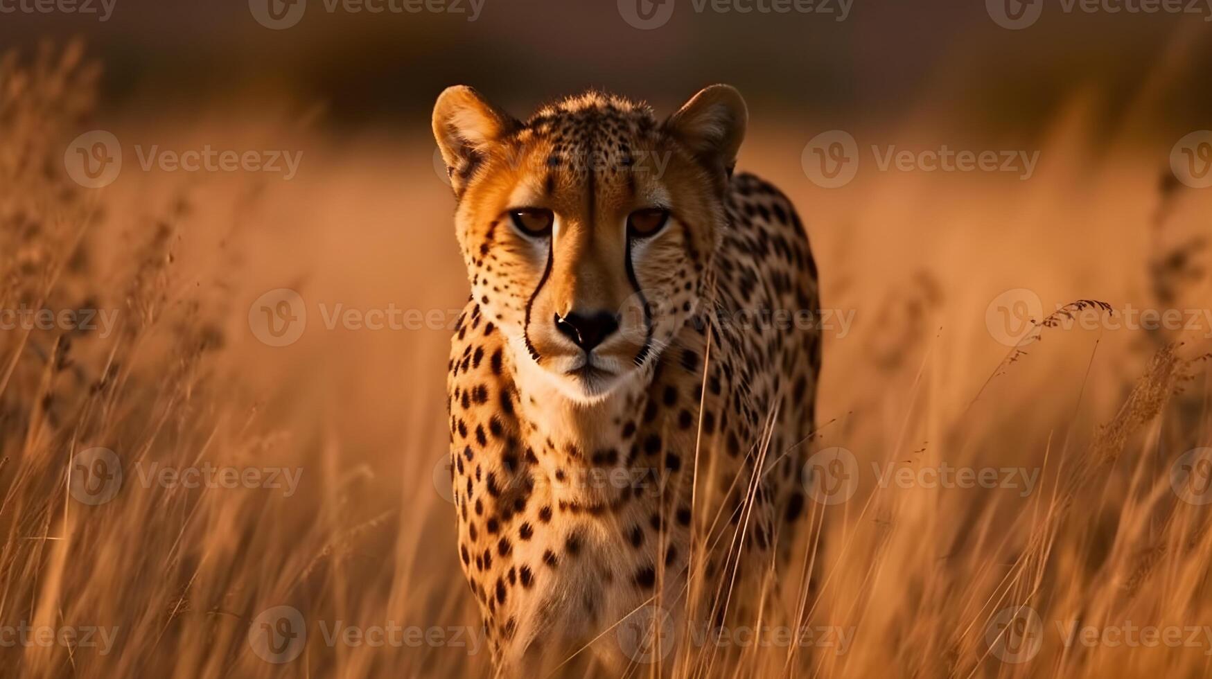 Ferocious carnivore leopard walking and hunting at the savannah desert background. photo