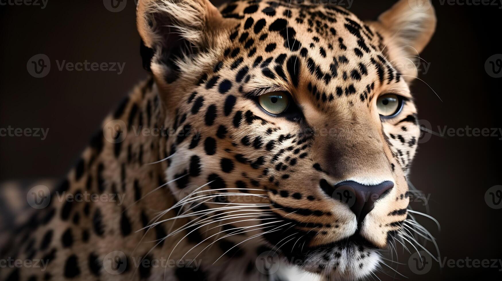 cerca arriba retrato feroz carnívoro leopardo, mirar fijamente o mirando a Derecho adelante a oscuro antecedentes. ai generado foto