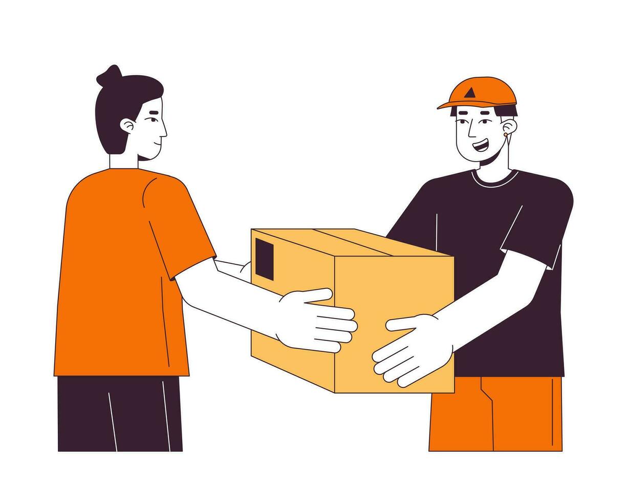 Delivery man giving package to man flat line color vector character. Editable outline full body person on white. Express delivery simple cartoon spot illustration for web graphic design