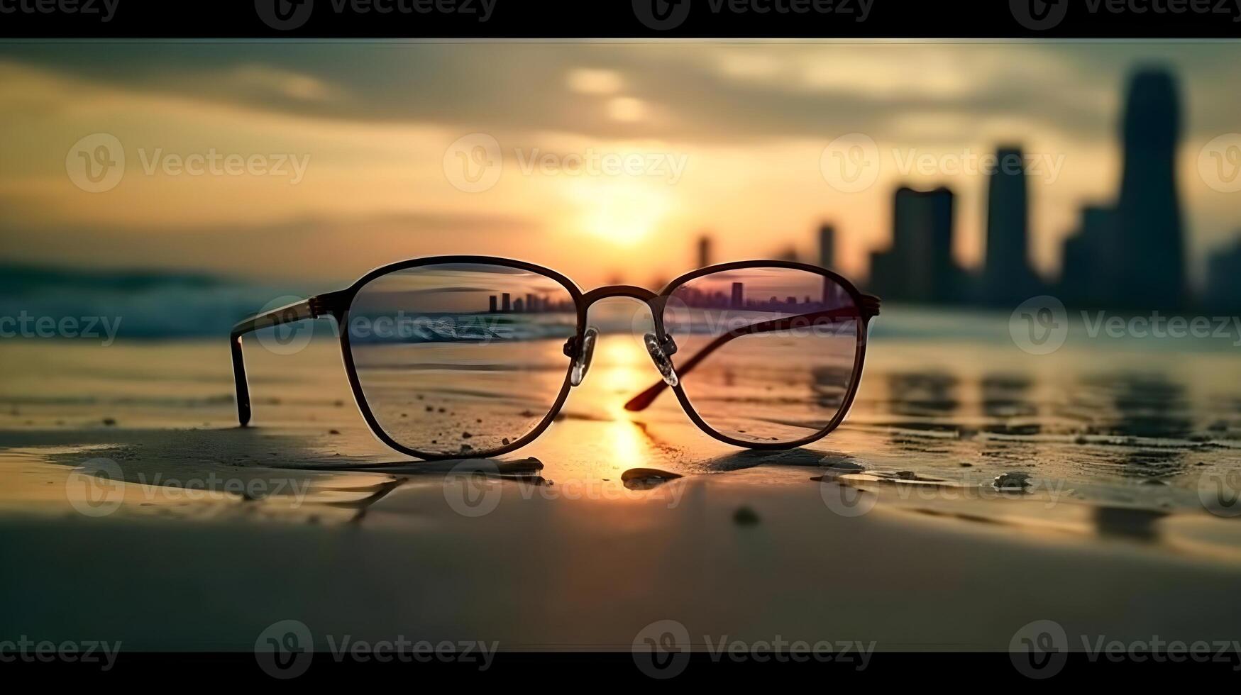 Modern lens man or woman attractive reading glasses at the beach, lost and found concept, missing person concept, drown, vacation or luxury concept, beach and city blur background. photo