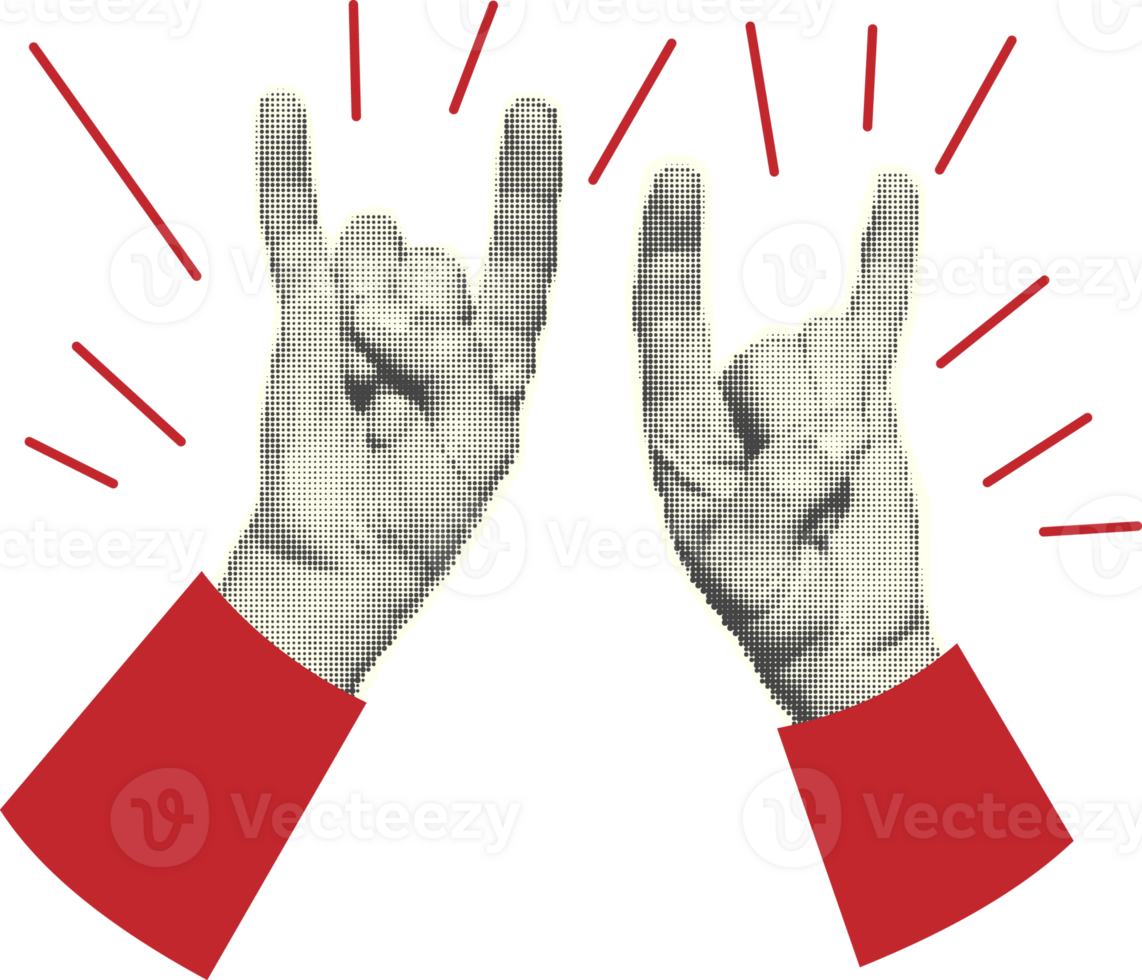 Hands. Halftone style. Rock goat sign. Collection collage design elements Trendy dotted pop art Vintage grunge punk cutout shapes PNG illustration