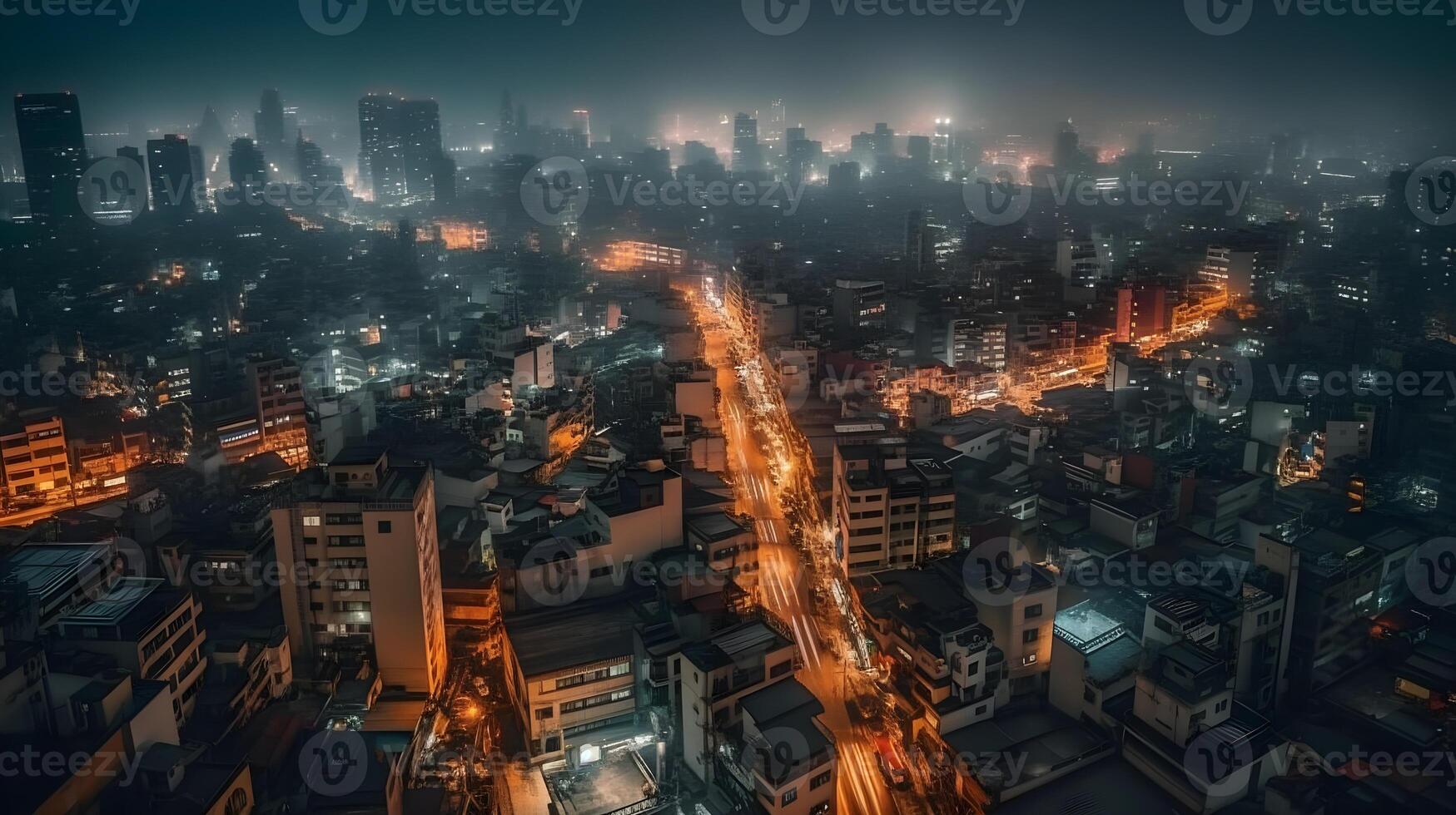 Beautiful metropolitan city skyscraper high rise building in the night sky busy night life, misty foggy city landscape. photo