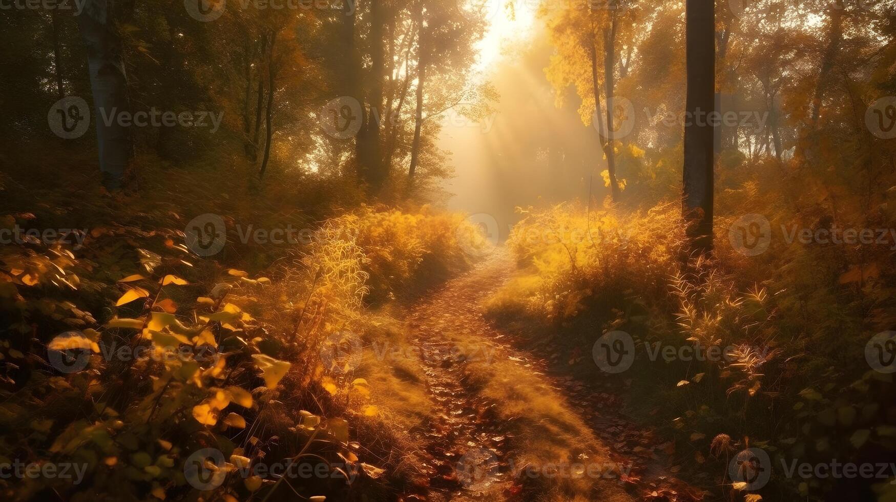 Beautiful pathway in to the deep nature forest in the autumn season. Tree and bush in the way. AI Generated photo