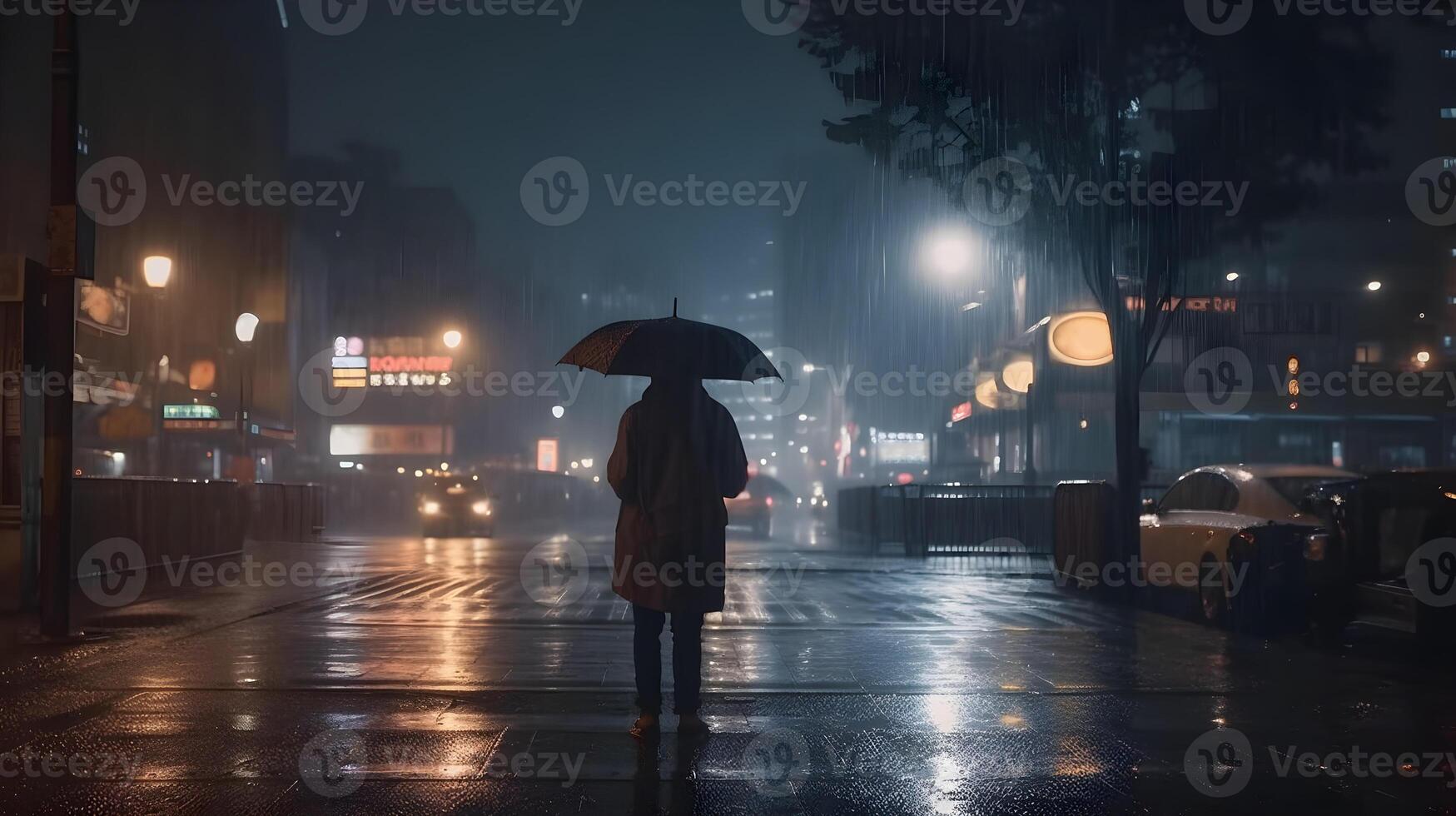Silhouette of a man holding an umbrella in a heavy rain in the down town at night. AI Generated photo