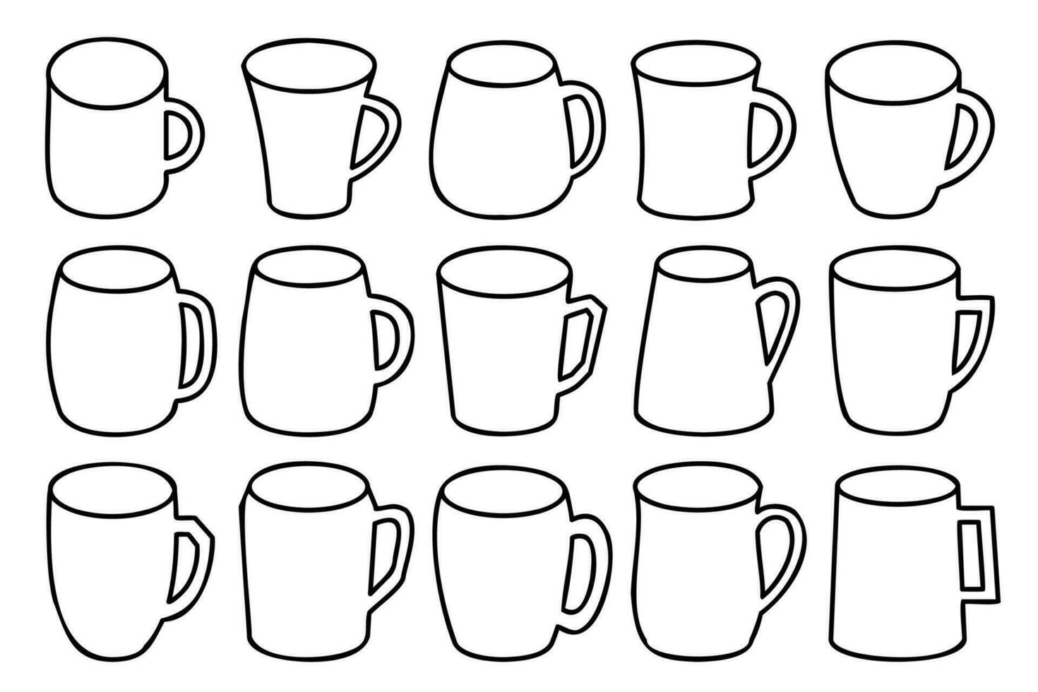 Line art mug set. Collection of different mugs with black thin line. Outline cups, mugs outline illustrations. vector