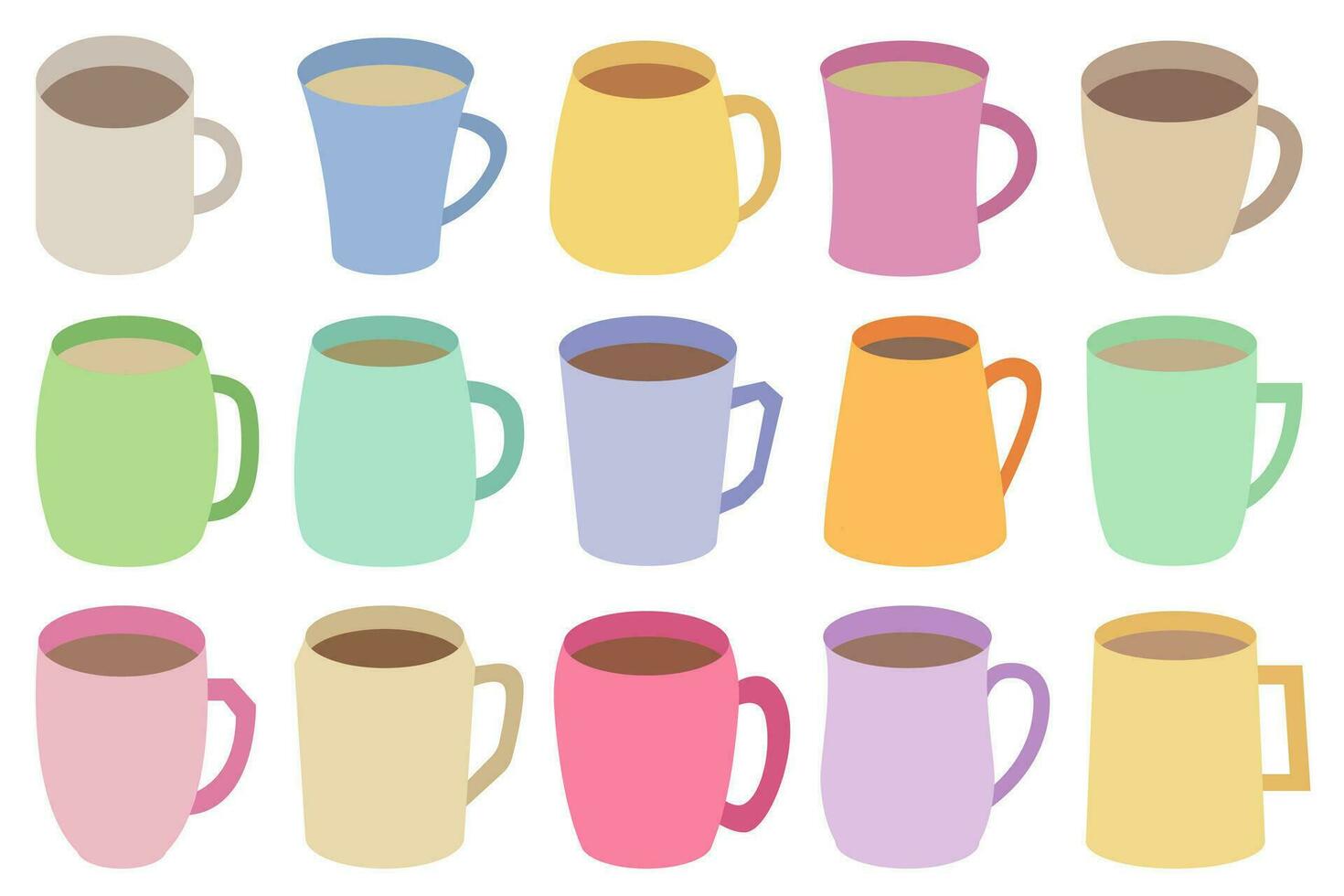 Colorful mug illustration set. Collection of flat cute, coffee, tea mugs. vector