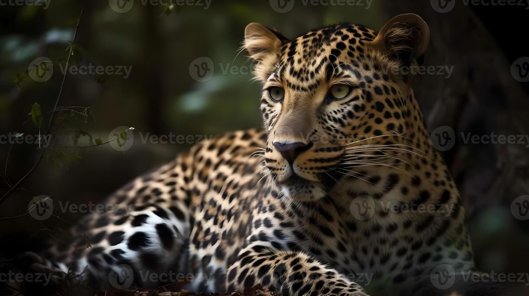 feroz carnívoro leopardo sentar y relajado y mirar fijamente a alguna cosa con naturaleza antecedentes. ai generado foto