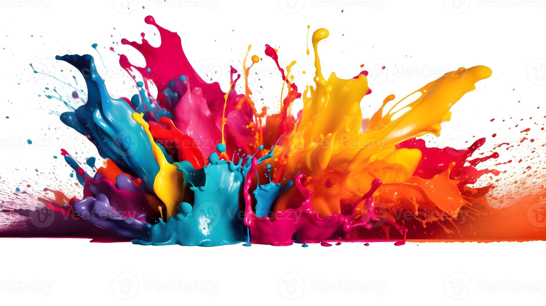 Abstract liquid color explosion colorful artistic yellow blue purple red orange splashing splatter drop at ground white background. AI Generated photo