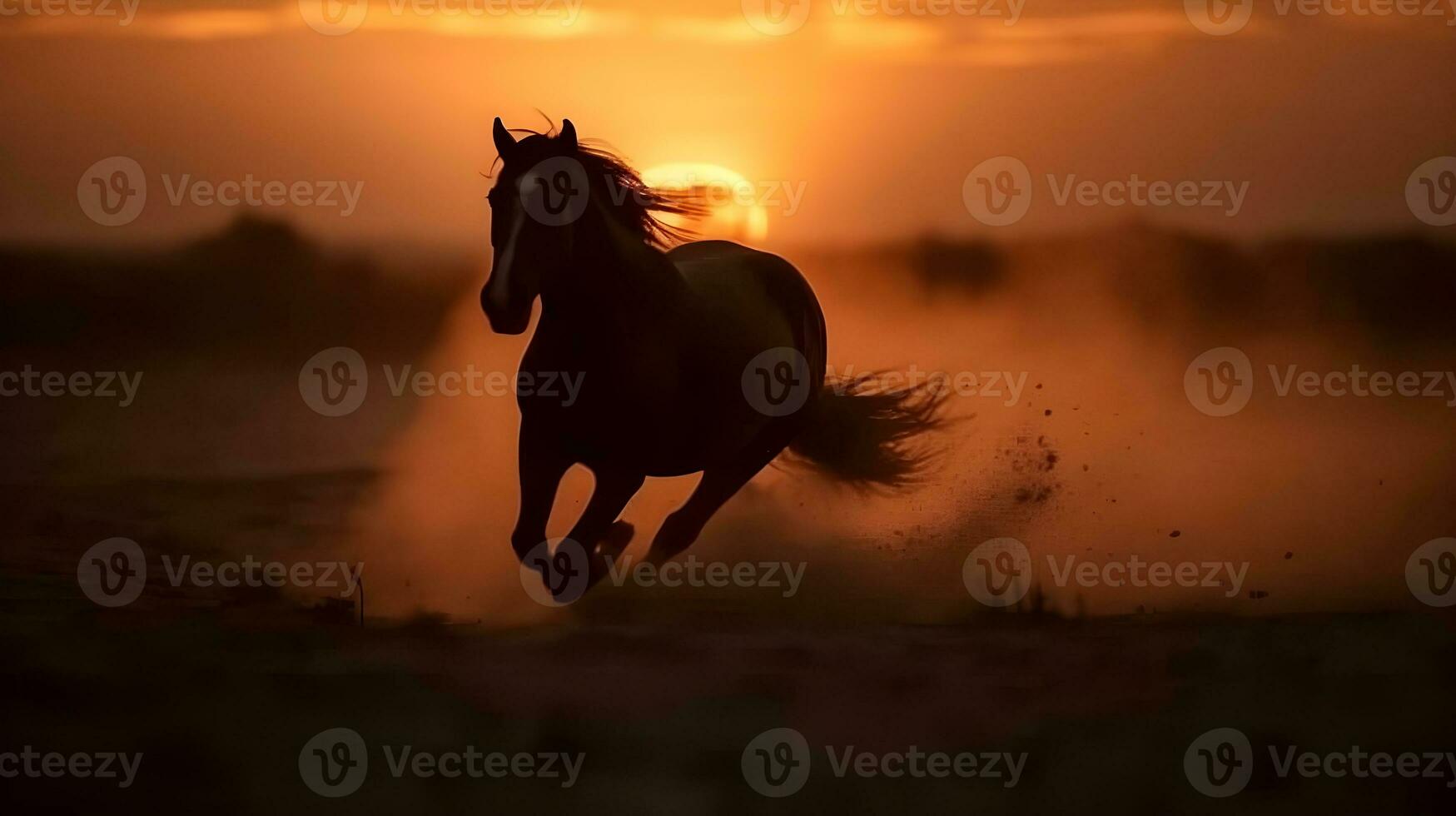Silhouette of brown wild horse running in the desert, evening sunset golden hour, nature blur background. AI Generated photo